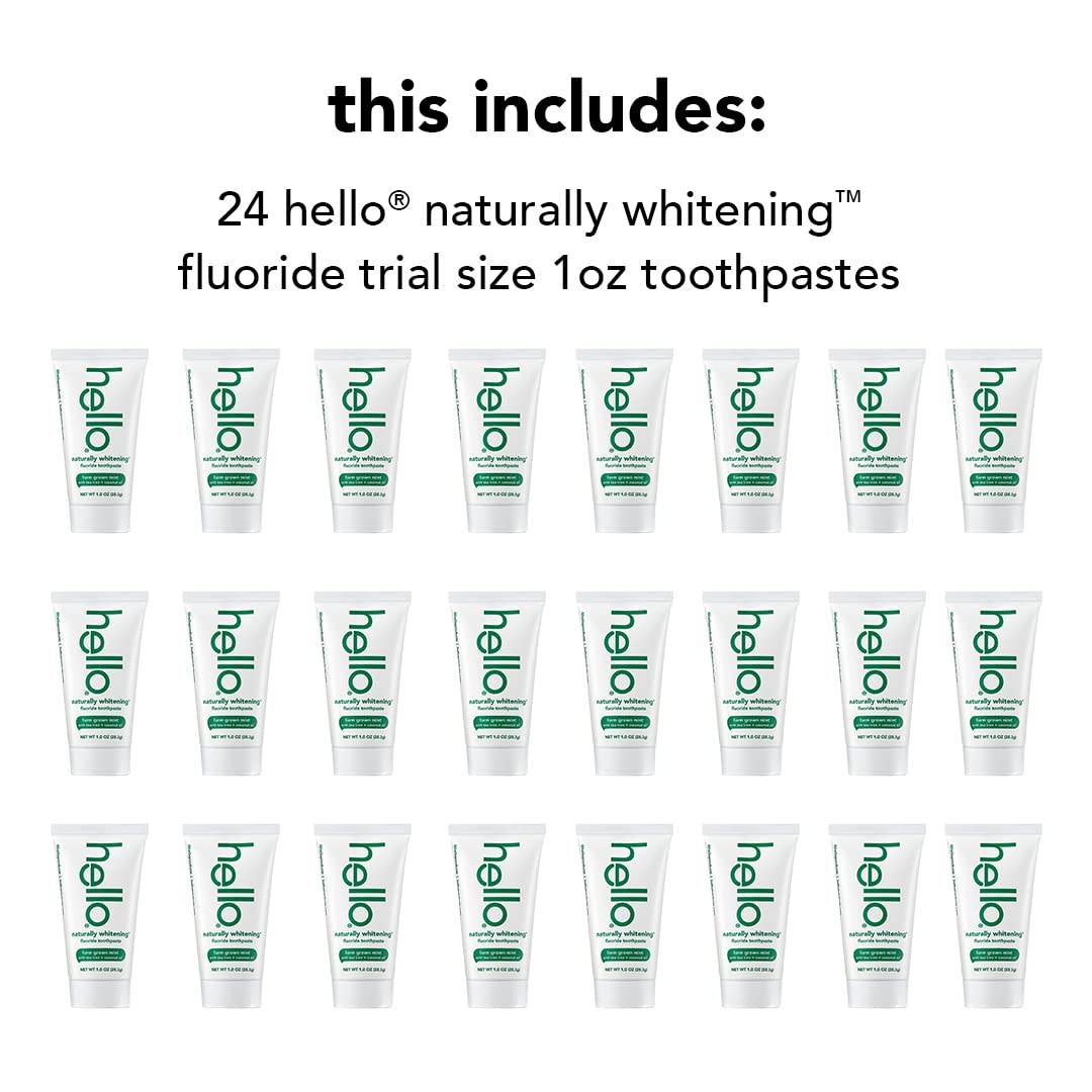 Hello Naturally Whitening Fluoride Toothpaste, 1 Ounce (Pack of 24), Farm Grown Mint with Tea Tree and Coconut Oil, Vegan, SLS Free, Gluten Free and Peroxide Free