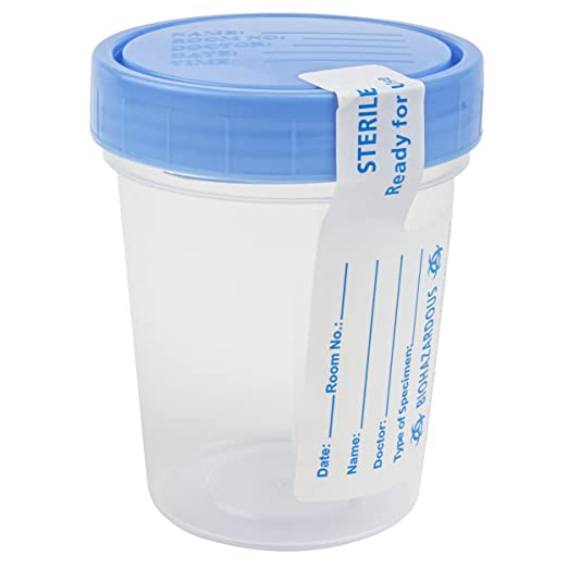Dynarex Specimen Containers, Sterile, Individually Wrapped Specimen Cups with Lids & ID Label, Used for Drug Testing and Urinalysis, Clear with Blue Lid, 1 Box of 100 Dynarex Specimen Containers