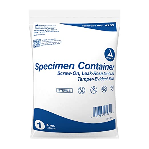 Dynarex Specimen Containers, Sterile, Individually Wrapped Specimen Cups with Lids & ID Label, Used for Drug Testing and Urinalysis, Clear with Blue Lid, 1 Box of 100 Dynarex Specimen Containers