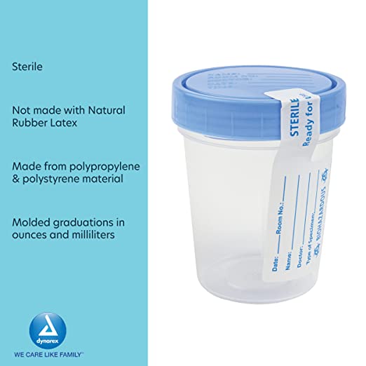 Dynarex Specimen Containers, Sterile, Individually Wrapped Specimen Cups with Lids & ID Label, Used for Drug Testing and Urinalysis, Clear with Blue Lid, 1 Box of 100 Dynarex Specimen Containers