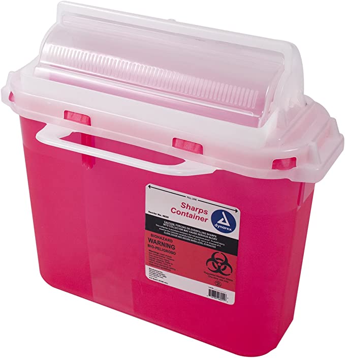 Dynarex Sharps Container - Biohazard Patient Room Needle Disposable - Puncture Resistant - One Handed Use - 5.4 Quart