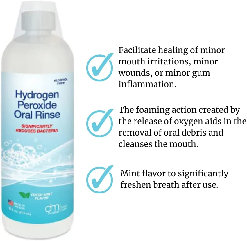 Hydrogen Peroxide Oral Rinse by DenMat; Fresh Mint Flavor. One Bottle of 16 Fluid Ounces (473 mL). Alcohol Free, for Oral Health, Minor Mouth Irritations, and Minor Gum