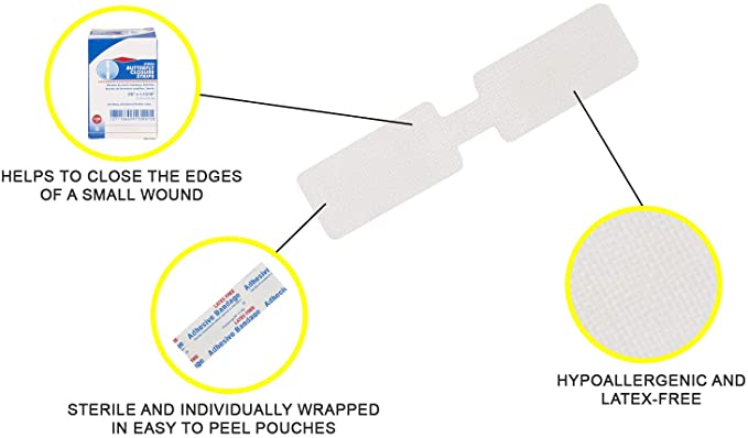 Dukal Butterfly Closure Strips. Pack of 100 Adhesive Wound Closure Bandages. Sterile Bandages for Wound Protection. Single use. Individually Wrapped. Easy to Apply.
