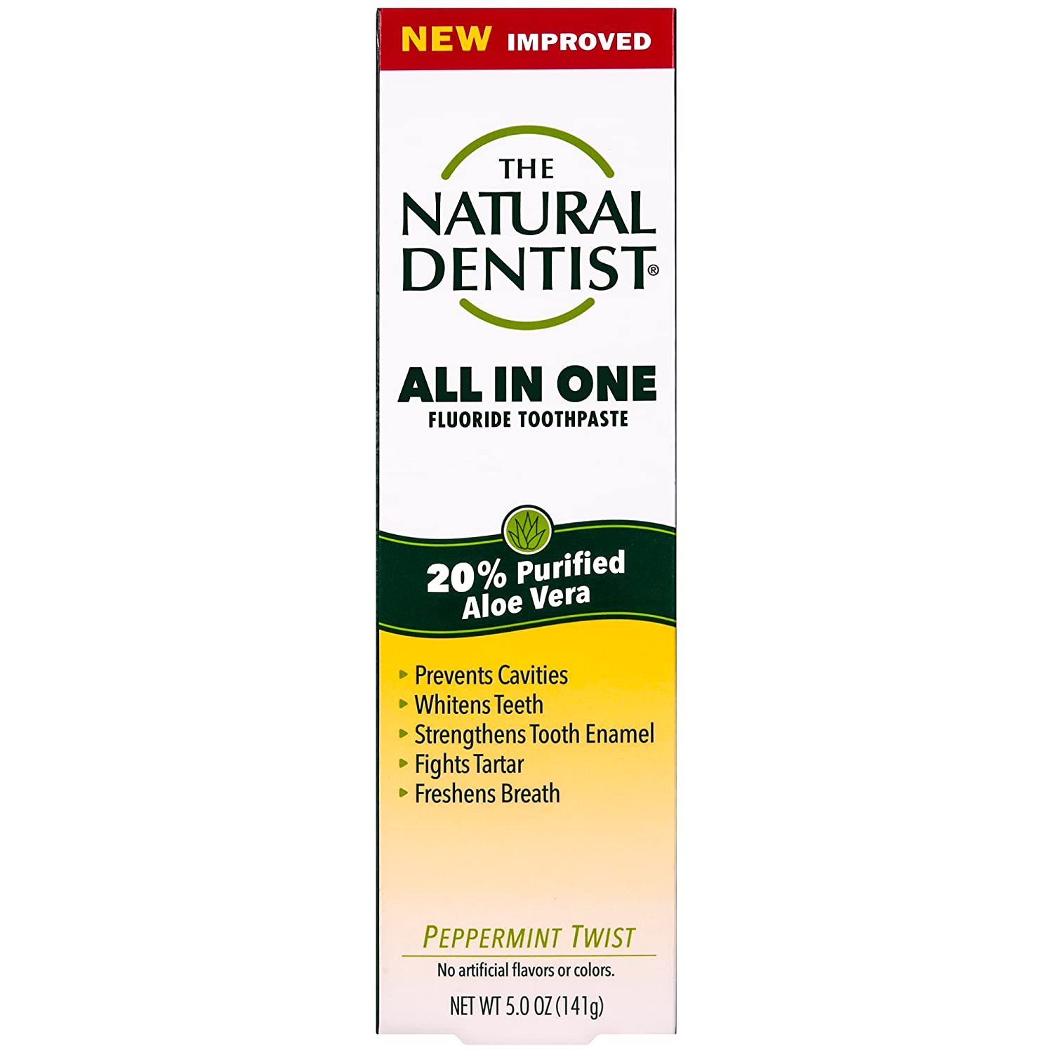 The Natural Dentist All-In-One Fluoride/Sulfate-Free Toothpaste with Aloe, Peppermint Twist Flavor, 5 Ounce Tube