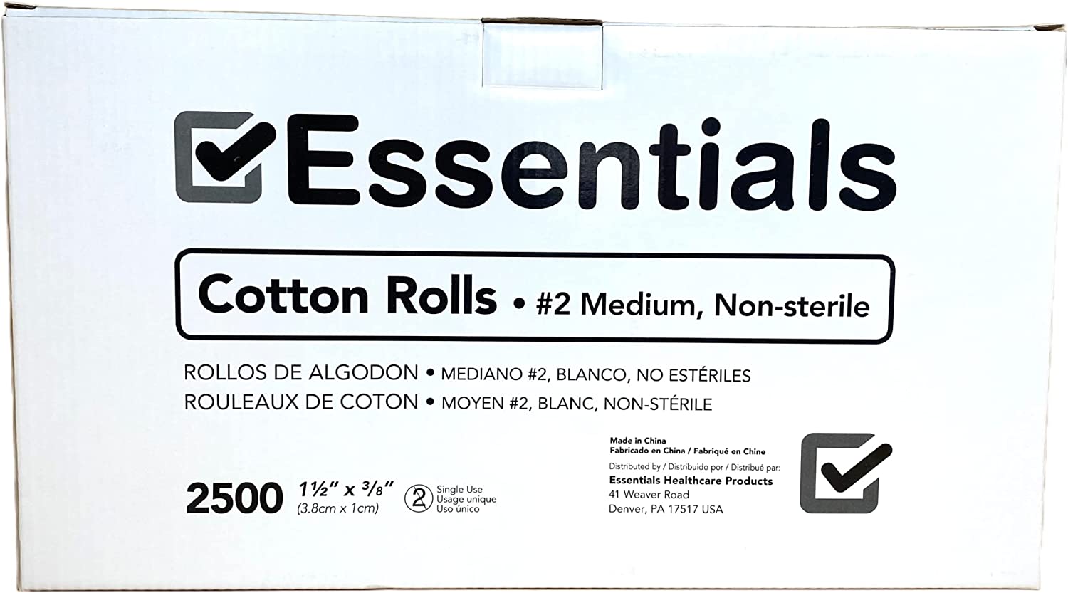 Cotton Rolls by Essentials Healthcare Products; 2,500 Count, #2 Medium, Non-Sterile. 1 1/2" x 3/8"