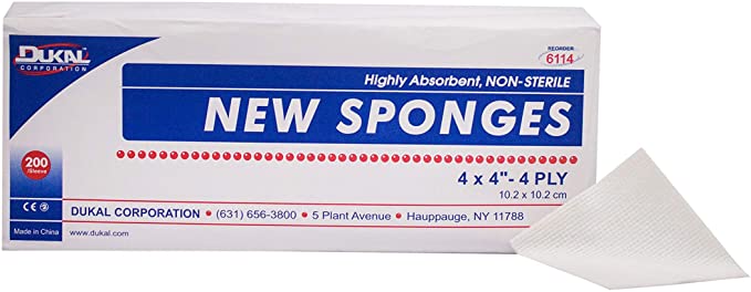 Dukal 6114 Non-Woven New Sponge, Non-Sterile, 4" x 4", 4-Ply, White (Bag of 200)