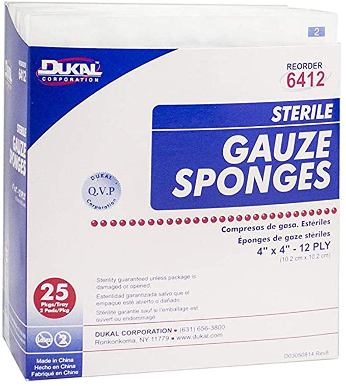 Dukal Gauze Sponge - Sterile, 4" x 4" 12-ply - Model 6412 - Box of 50