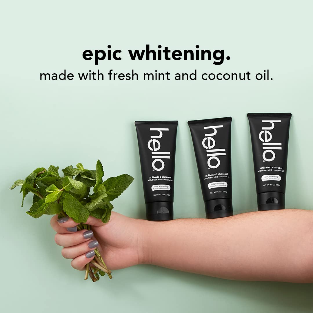 Hello Activated Charcoal Epic Teeth Whitening Fluoride Free Toothpaste and Toothbrush, Fresh Mint and Coconut Oil, Vegan, SLS Free, Gluten Free and Peroxide Free, 4 Ounce