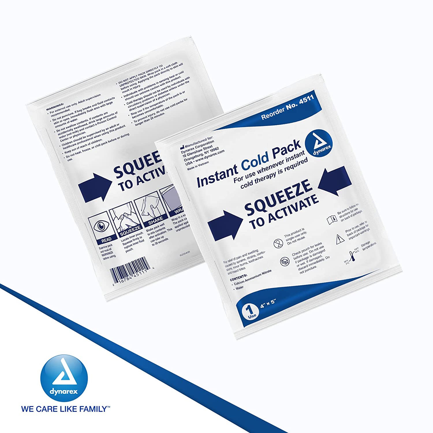 Dynarex Disposable Ice Packs for Injuries - Instant Cold Packs for First Aid, Swelling, Sprains & Abrasions - Single Use Cold Pack & Cold Compress Packs for Joint & Muscle Pain - 24-Pack, 4x5-Inch