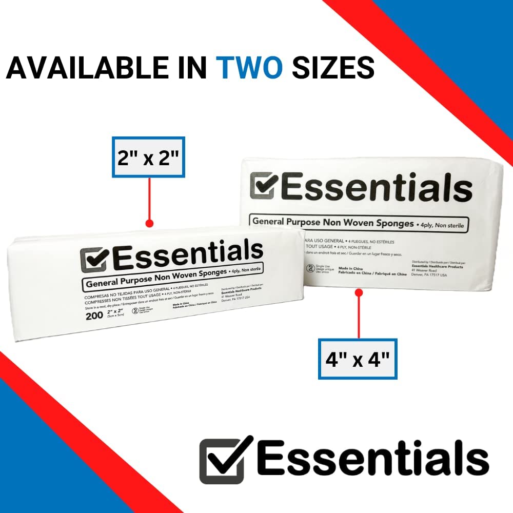 Essentials Non-Sterile Gauze Sponges – 200 Count, 4-Ply, 4’’ x 4’’ Gauze Pads, One Package, Non-Woven Gauze Sponges, Wound Care Product for First Aid Kit/Medical Facilities
