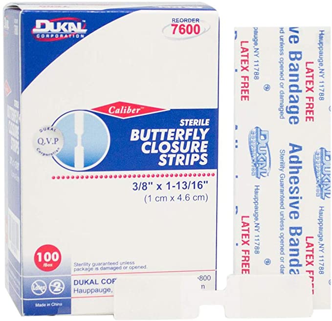 Dukal Butterfly Closure Strips. Pack of 100 Adhesive Wound Closure Bandages. Sterile Bandages for Wound Protection. Single use. Individually Wrapped. Easy to Apply.