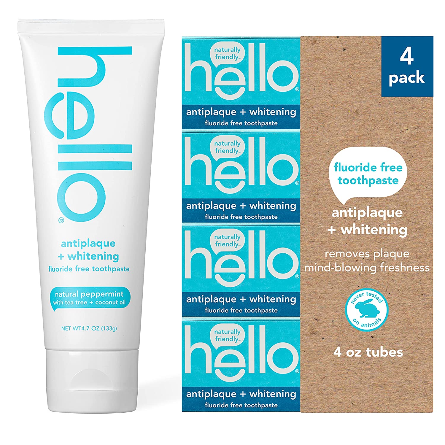 Hello Oral Care Fluoride Free Antiplaque and Whitening Toothpaste Vegan SLS Free with Tea Tree Oil Coconut Oil, Natural Peppermint, 4.7 Ounce