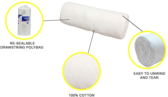 Dukal White Cotton Roll. Roll of Non-sterile Cotton for Wound Care. Soft and Absorbent, 100% Cotton. Re-sealable Drawstring polybag. White, Single use