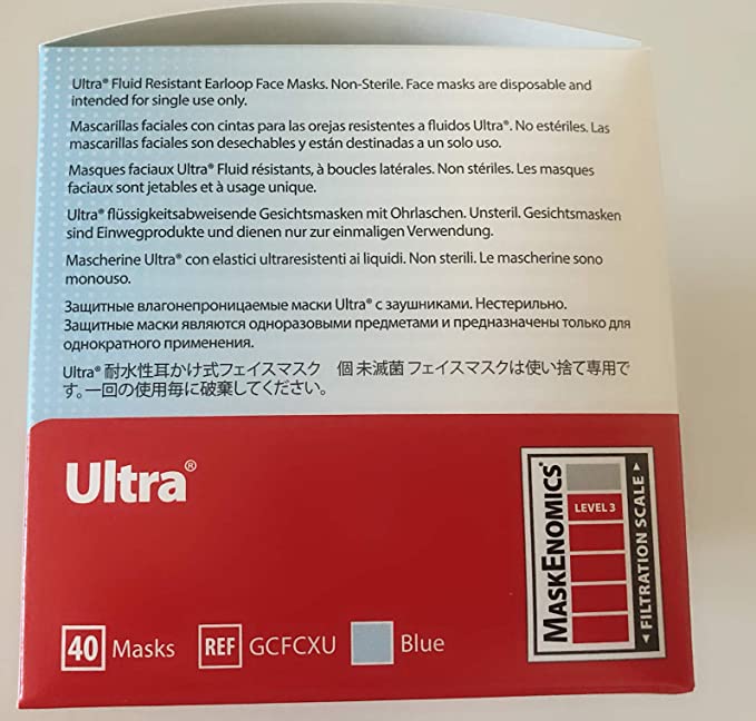 Crosstex GCFCXU Ultra Earloop Face Masks - ASTM Level 3, Fluid Resistant, Blue (40/Box)