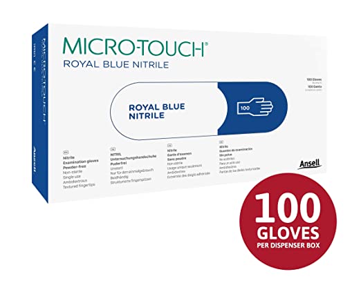 MICRO-TOUCH Royal Blue Nitrile Disposable Gloves, Powder-Free, Thin Examination Gloves for Medical Use, Chemotherapy, Cleaning, and Sanitation environments, Royal Blue, Box of 100
