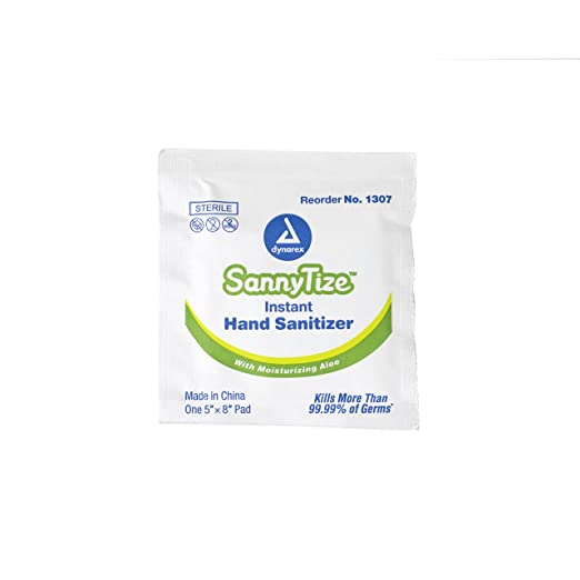 Dynarex Sannytize 70% Alcohol Hand Sanitizer Wipes Pack of 100, White, 5" X 8"