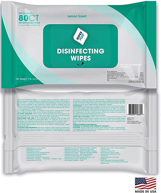 WipesPlus Disinfecting Wipes - 80 Disinfectant Wipes per Pack - Made in the USA